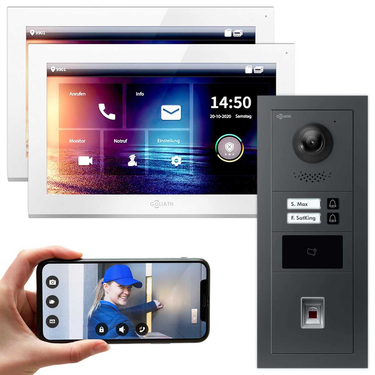 GOLIATH IP modulare Video Türsprechanlage Anthrazit Unterputz Set für 2 Familienhaus 2x 10 Monitor Weiß + Fingerprint & RFID Modul von Goliath