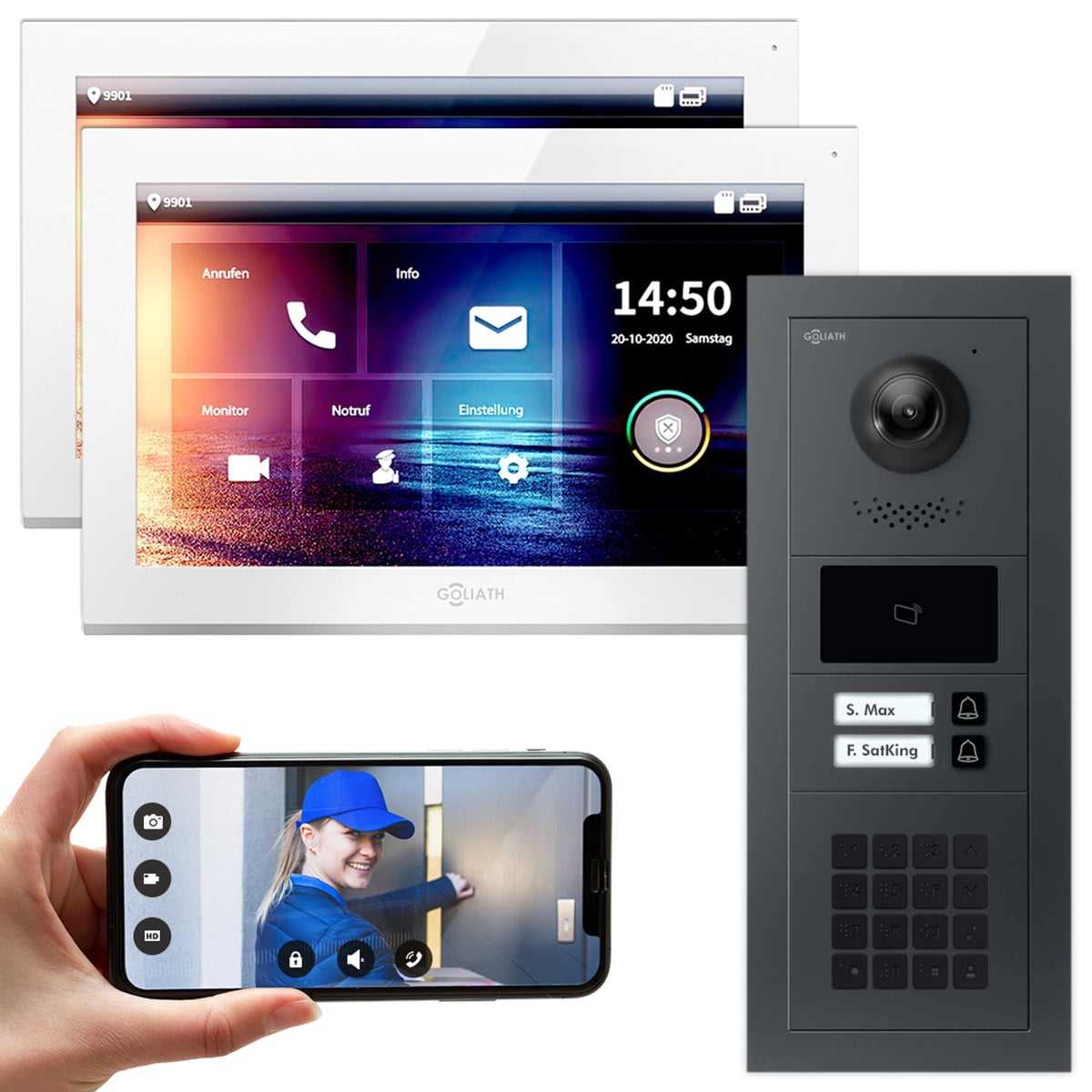 GOLIATH IP modulare Video Türsprechanlage Anthrazit Unterputz Set für 2 Familienhaus 2x 10 Monitor Weiß + KeyPad & RFID Modul von Goliath