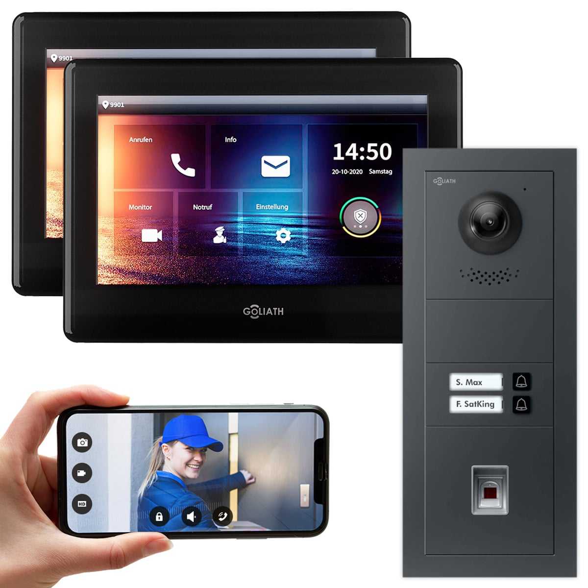 GOLIATH IP modulare Video Türsprechanlage Anthrazit Unterputz Set für 2 Familienhaus 2x 7 Monitor Schwarz + Fingerprint Modul von Goliath