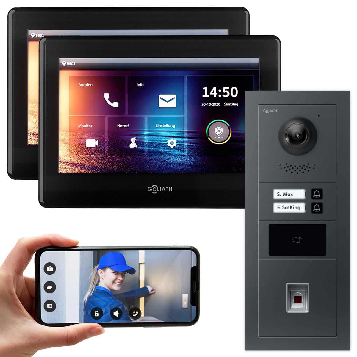 GOLIATH IP modulare Video Türsprechanlage Anthrazit Unterputz Set für 2 Familienhaus 2x 7 Monitor Schwarz + Fingerprint & RFID Modul von Goliath