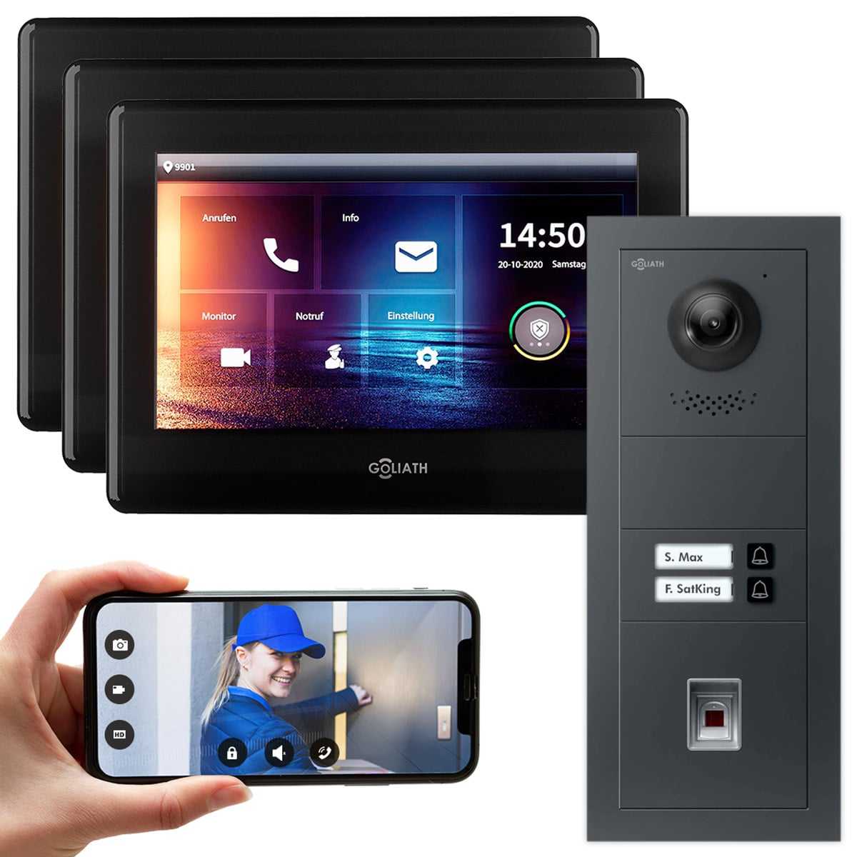 GOLIATH IP modulare Video Türsprechanlage Anthrazit Unterputz Set für 2 Familienhaus 3x 7 Monitor Schwarz + Fingerprint Modul von Goliath