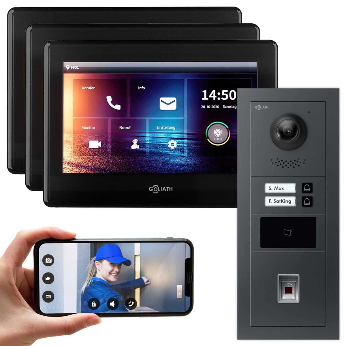 GOLIATH IP modulare Video Türsprechanlage Anthrazit Unterputz Set für 2 Familienhaus 3x 7 Monitor Schwarz + Fingerprint & RFID Modul von Goliath