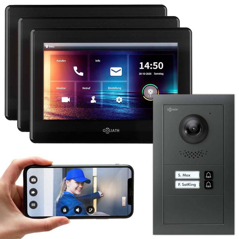 GOLIATH IP modulare Video Türsprechanlage Anthrazit Unterputz Set für 2 Familienhaus 3x 7 Monitor Schwarz von Goliath-Intercom