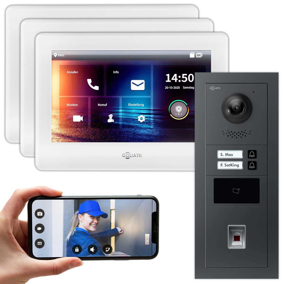 GOLIATH IP modulare Video Türsprechanlage Anthrazit Unterputz Set für 2 Familienhaus 3x 7 Monitor Weiß + Fingerprint & RFID Modul von Goliath