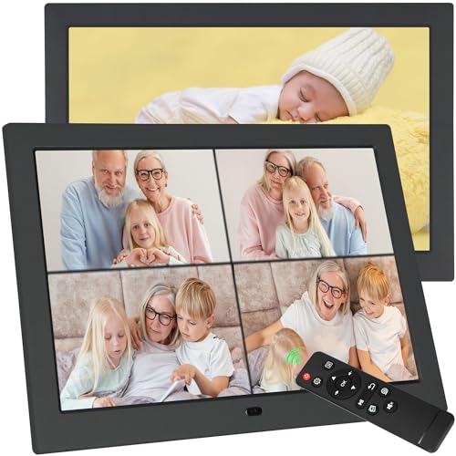 Golony 10.1-Zoll-Digitaler Bilderrahmen,1280 * 800 IPS-Bildschirm,178 ° Weitwinkel, 4 Windows-Diashow-Wiedergabe, Foto-Videoplayer mit Fernbedienung,Kalender,Uhrzeit,Wecker,Schwarz,Kein WiFi. von Golony