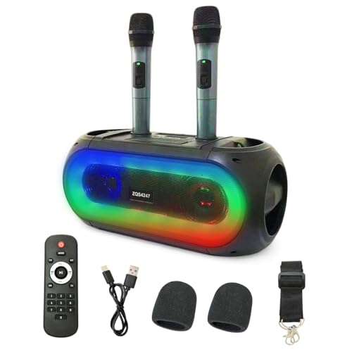 Tragbare Bluetooth Karaoke Maschine mit 2 Mikrofonen für Erwachsene und Kinder,Wiederaufladbare LED Lichteffekte Partybox Karaoke Anlage Lautsprecher mit UKW-Radio,Fernbedienung,USB,TF Karte,AUX Port von Golopatop