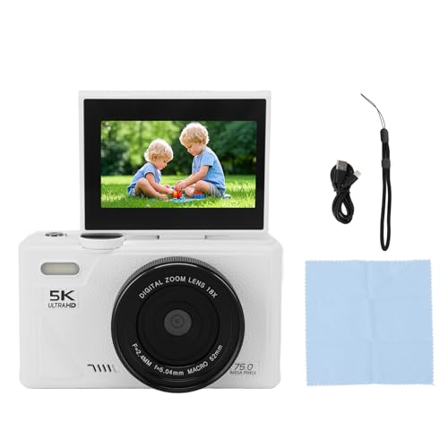 5K HD -Digitalkamera für Fotografie, Vlog, Videokamera, 75 MP UHD 18x AF Autofocus Retro 3 -Zoll -Bildschirmkamera, Unterstützung Bis zu 256 G Speicherkarte für die (Weiß) von Gonetre
