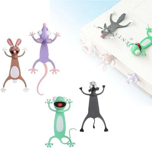 Goniome 4 Stück 3D-Wacky-Lesezeichen Palz – mehr Spaß beim Lesen, Neuheit, lustige Tiere, Leselesezeichen, niedliche Lesezeichen, gequetschte Tiere, Briefpapier (Gecko + Donkey + Mouse + Rabbit) von Goniome