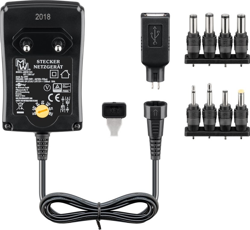 3 V - 12 V Universal-Netzteil inkl. 1 USB- und 8 DC-Adapter - max. 18 W und 1,5 A 3 V - 12 V Universal-Netzteil inkl. 1 USB- und 8 DC-Adapter - max. 18 W und 1,5 A von Goobay