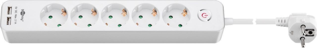 5-fach Steckdosenleiste mit Schalter und 2 USB-Ladeports 2,1A, mit Kindersicherung 5-fach Steckdosenleiste mit Schalter und 2 USB-Ladeports 2,1A, mit Kindersicherung von Goobay