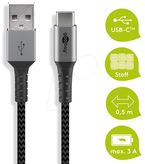 GOOBAY 49295 - Sync- & Ladekabel, USB-A > C, 0,5 m,Textil, schwarz von Goobay