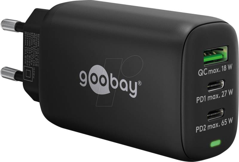 GOOBAY 65407 - USB-Ladegerät, 65 W, 1x USB-A (QC), 2x USB-C (PD), GaN, schwarz von Goobay