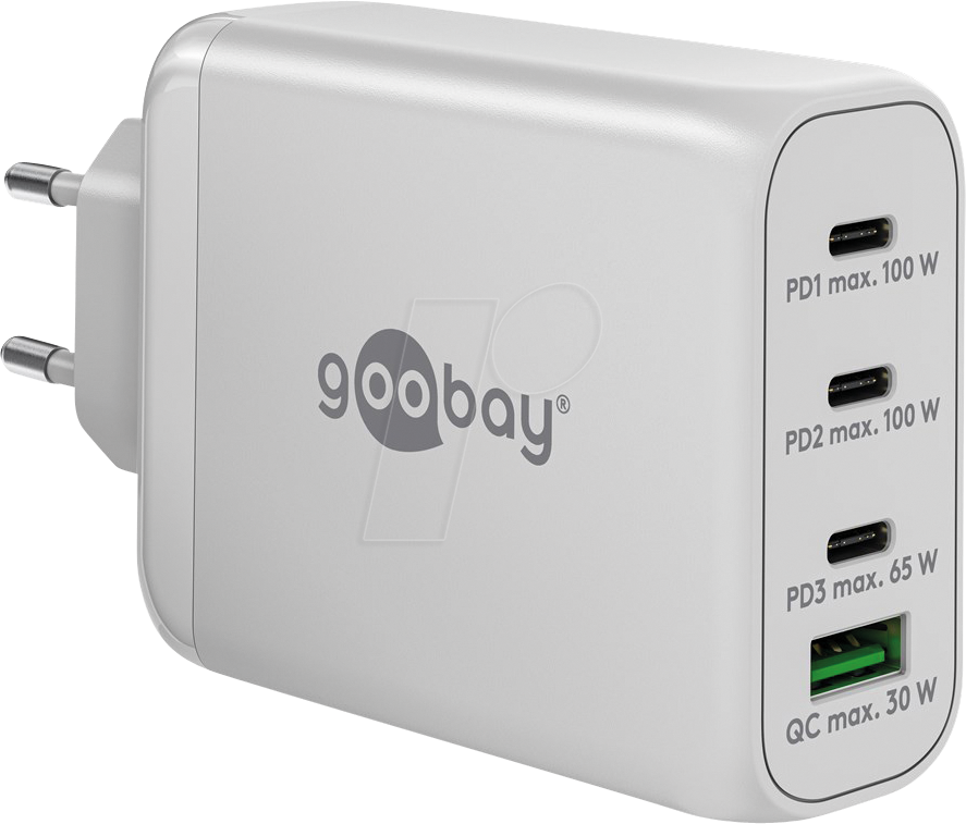GOOBAY 65556 - USB-Ladegerät, 100 W, 1x USB-A (QC), 3x USB-C (PD), GaN, weiß von Goobay