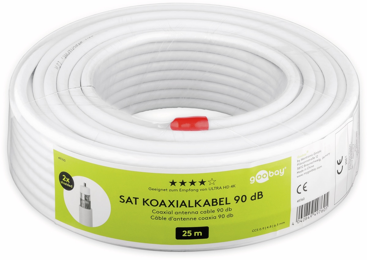 GOOBAY Koaxialkabel 49760, 25 m, weiß, 6,5 mm, CCS, 90 dB von Goobay