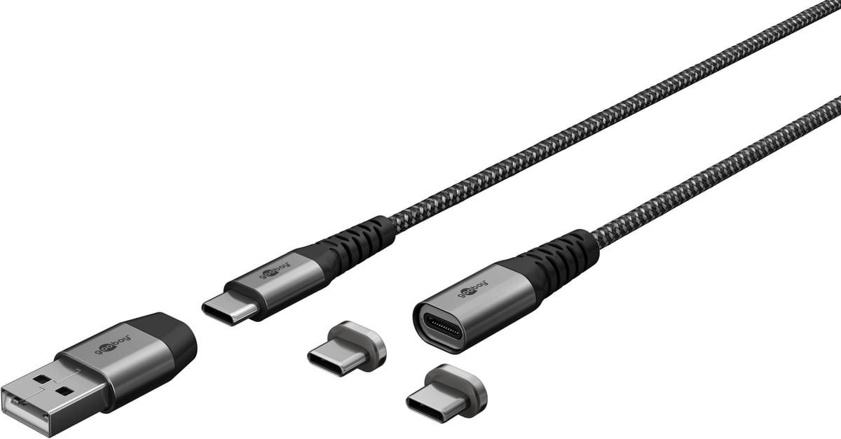 GOOBAY USB-Ladekabel 2in1 USB-C/USB-A auf USB_C Magnetadapter 1m im Textilmantel von Goobay