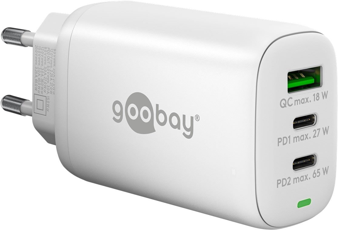 GOOBAY USB-Lader 61759, 3-fach, 3 A, 65 W, 2x USB-C PD, 1x USB-A QC, weiß von Goobay