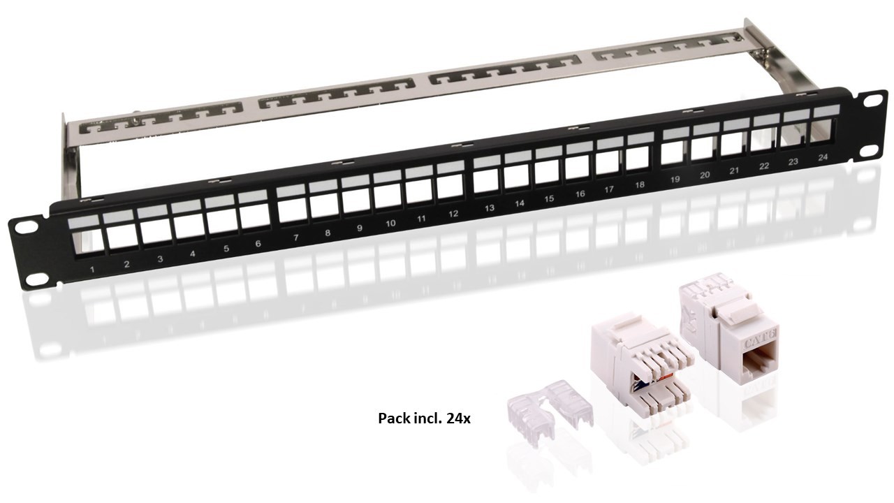 Goobay 19-Zoll (48,3 cm) Keystone Patch Panel Leergehäuse Set (1 HE) - inkl. 24x CAT-6-Module (UTP) von Goobay