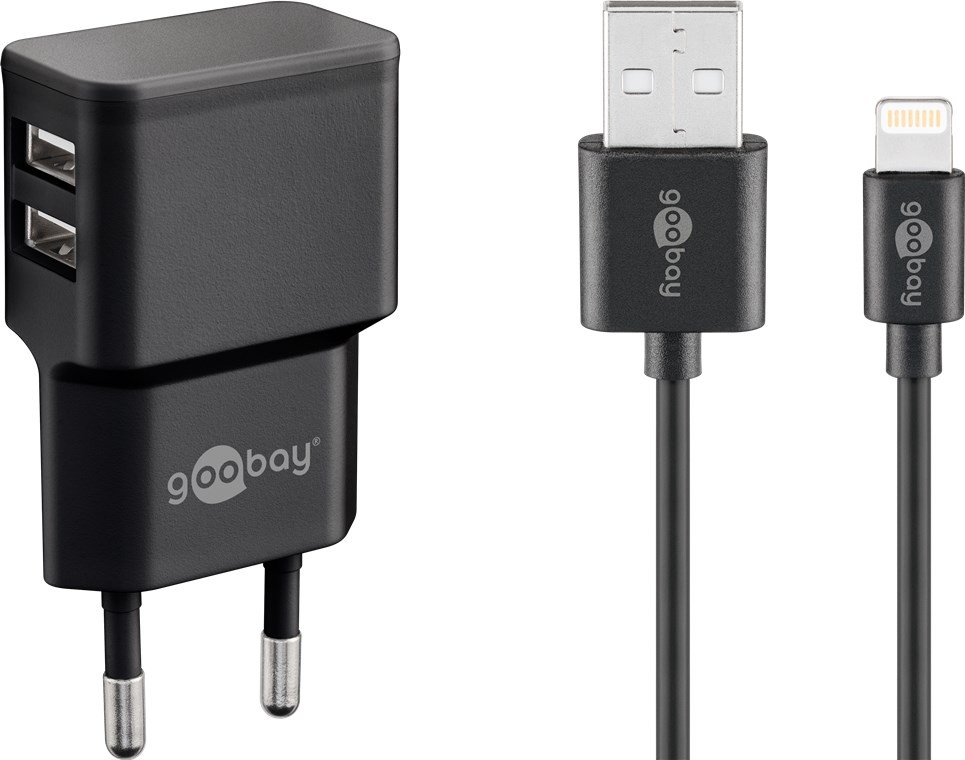 Goobay Apple Lightning Dual Ladeset 2,4 A - Netzteil mit 2x USB-Buchse und Apple Lightning-Kabel 1m (Schwarz) von Goobay