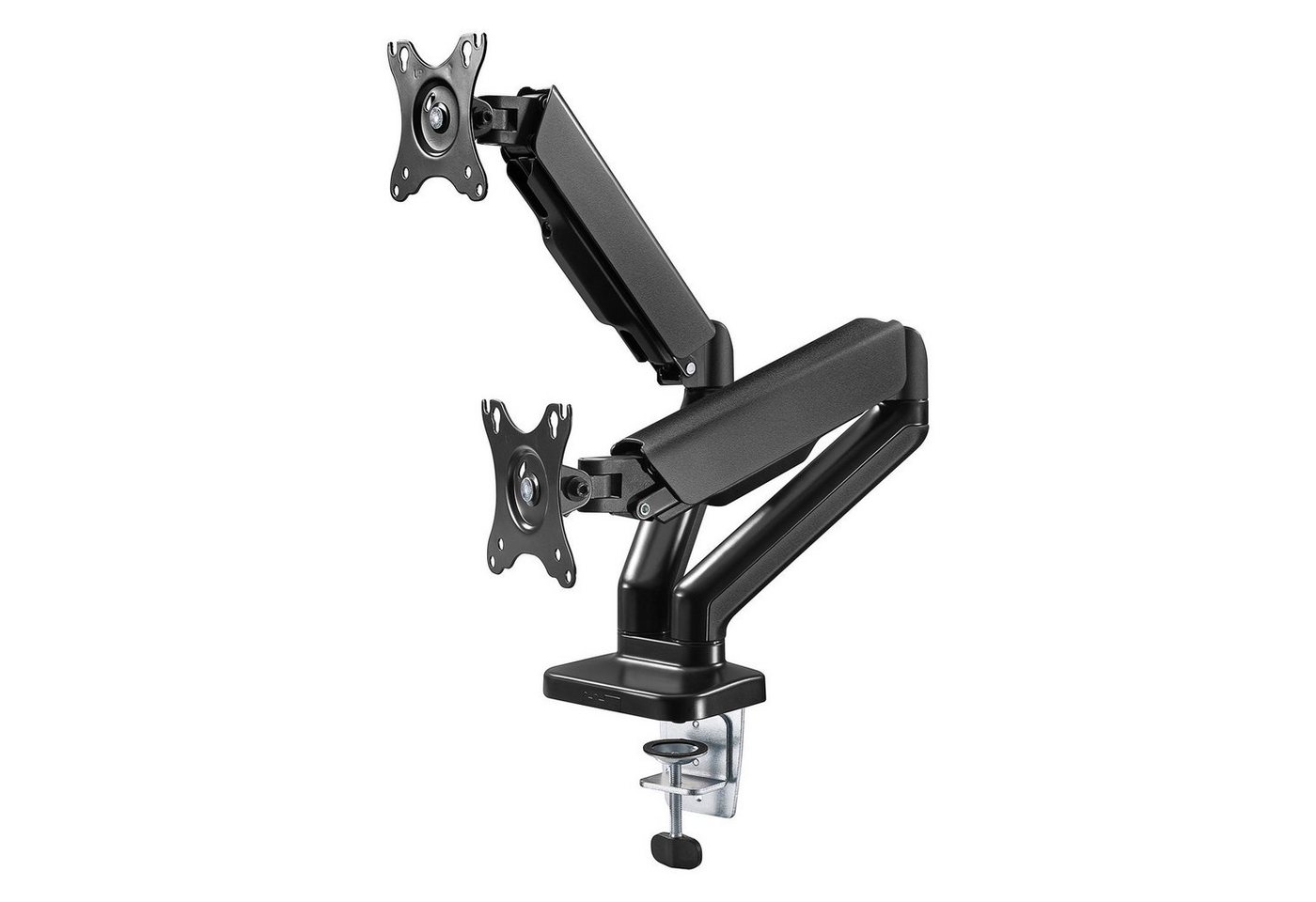 Goobay Doppel-Monitorhalterung mit Gasdruckfeder 17 - 32" Schwarz Monitor-Halterung, (bis 32,00 Zoll, Montage Tischklemme, Bildschirme 70° neigbar / 180° schwenkbar / 130° rotierbar) von Goobay