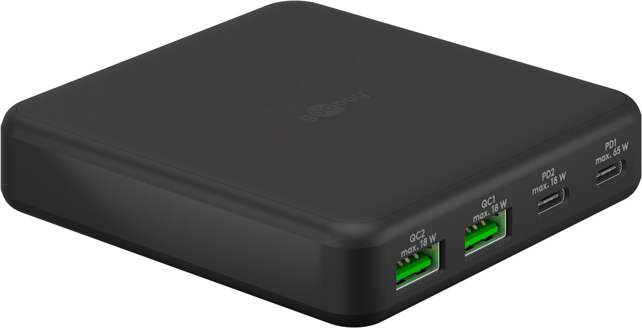 Goobay Multiport 4-fach Tischladegerät (65 W) schwarz - Ladeport mit 2x USB-C™-Anschlüssen (Power Delivery) und 2x USB-A-Anschlüssen (Quick Charge 3.0) von Goobay