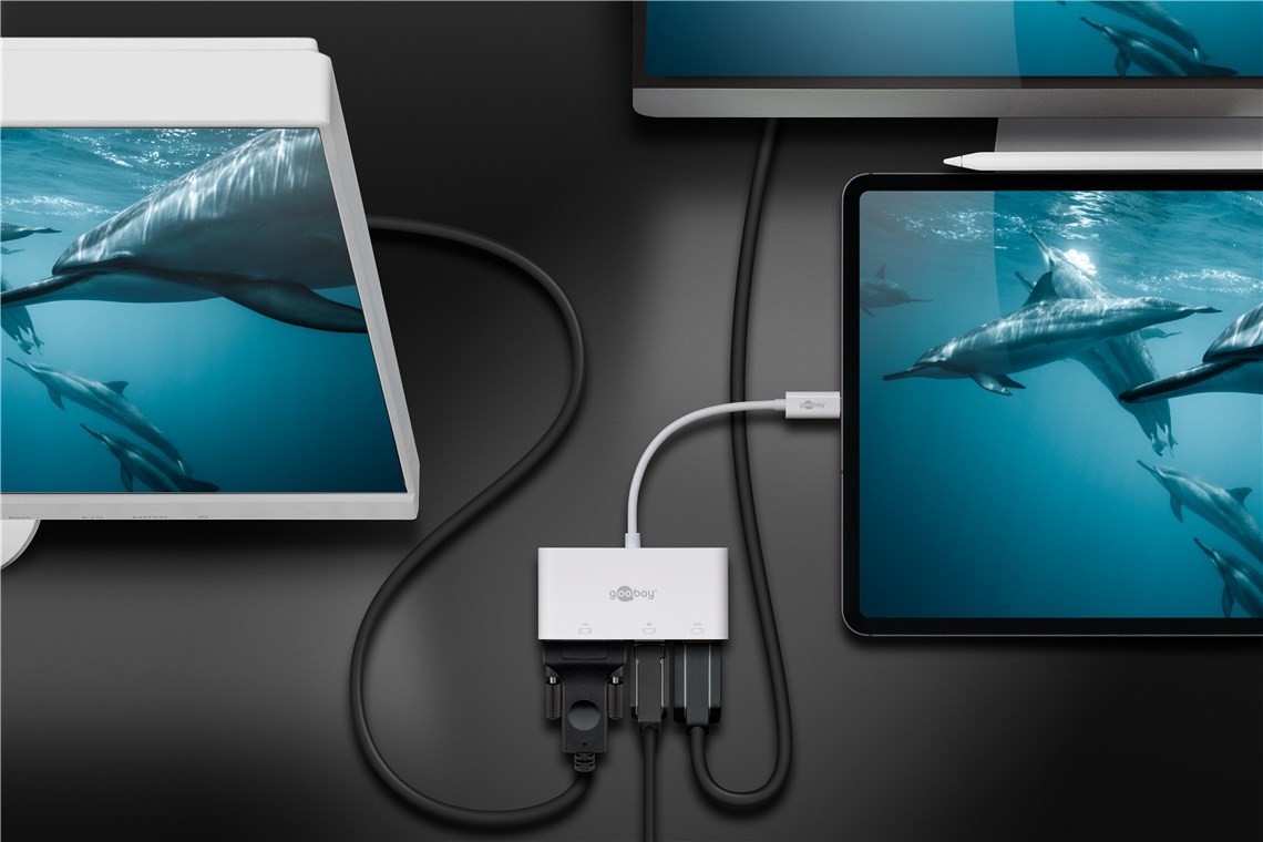 Goobay USB-C™ Multiport-Adapter VGA+DP+HDMI™ - erweitert ein USB-C™-Gerät um einen HDMI™-, einen DisplayPort und einen VGA-Anschluss von Goobay
