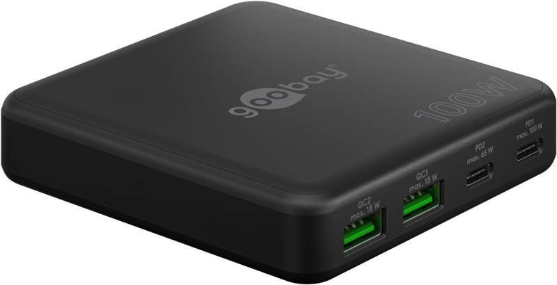 Goobay USB-C™ PD GaN Multiport-Tischladegerät (100 W) schwarz - 2x USB-C™-Anschlüsse (Power Delivery) und 2x USB-A-Anschlüsse (Quick Charge 3.0) - schwarz von Goobay