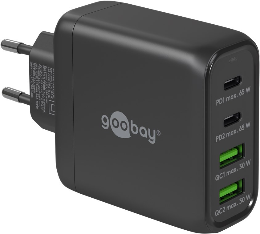 Goobay USB-C™ PD Multiport-Schnellladegerät (68 W) schwarz - 2x USB-C™-Anschlüsse (Power Delivery) und 2x USB-A-Anschlüsse (Quick Charge) - schwarz von Goobay