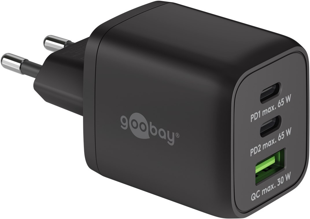 Goobay USB-C™ PD Multiport-Schnellladegerät Nano (65 W) schwarz - 2x USB-C™-Anschlüsse (Power Delivery) und 1x USB-A-Anschluss (Quick Charge 3.0) - schwarz von Goobay
