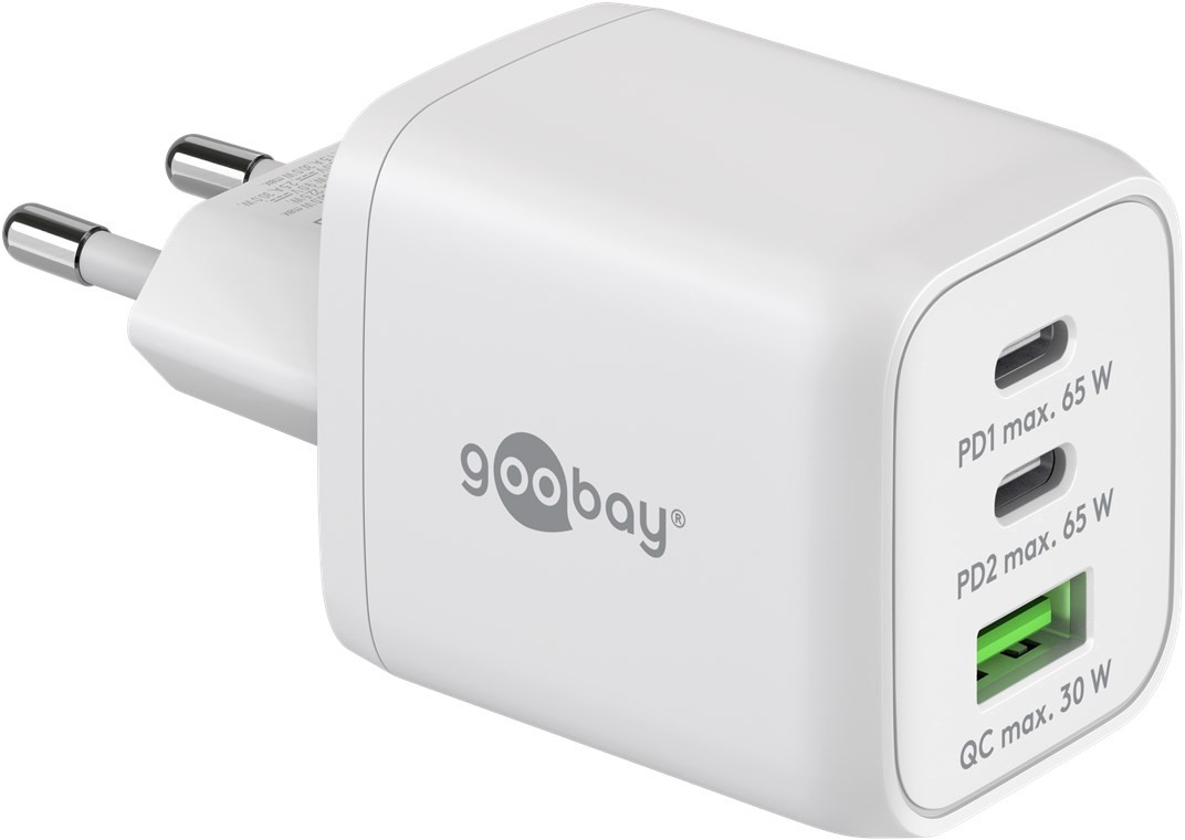 Goobay USB-C™ PD Multiport-Schnellladegerät Nano (65 W) weiß - 2x USB-C™-Anschlüsse (Power Delivery) und 1x USB-A-Anschluss (Quick Charge 3.0) - weiß von Goobay