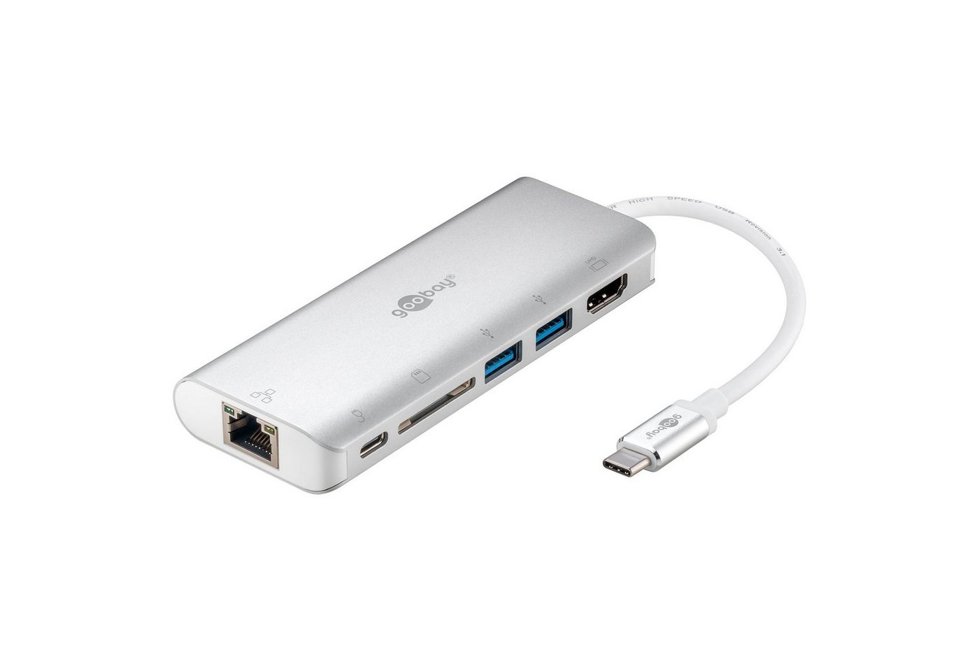Goobay USB-Verteiler USB-C Multiport Adapter (5 Gbit/s Übertragungsrate, 4K @ 60 Hz), Anschlüsse 1x USB-C / 2x USB-A / 1x HDMI / 1x RJ45 / 1x SD Card Reader von Goobay