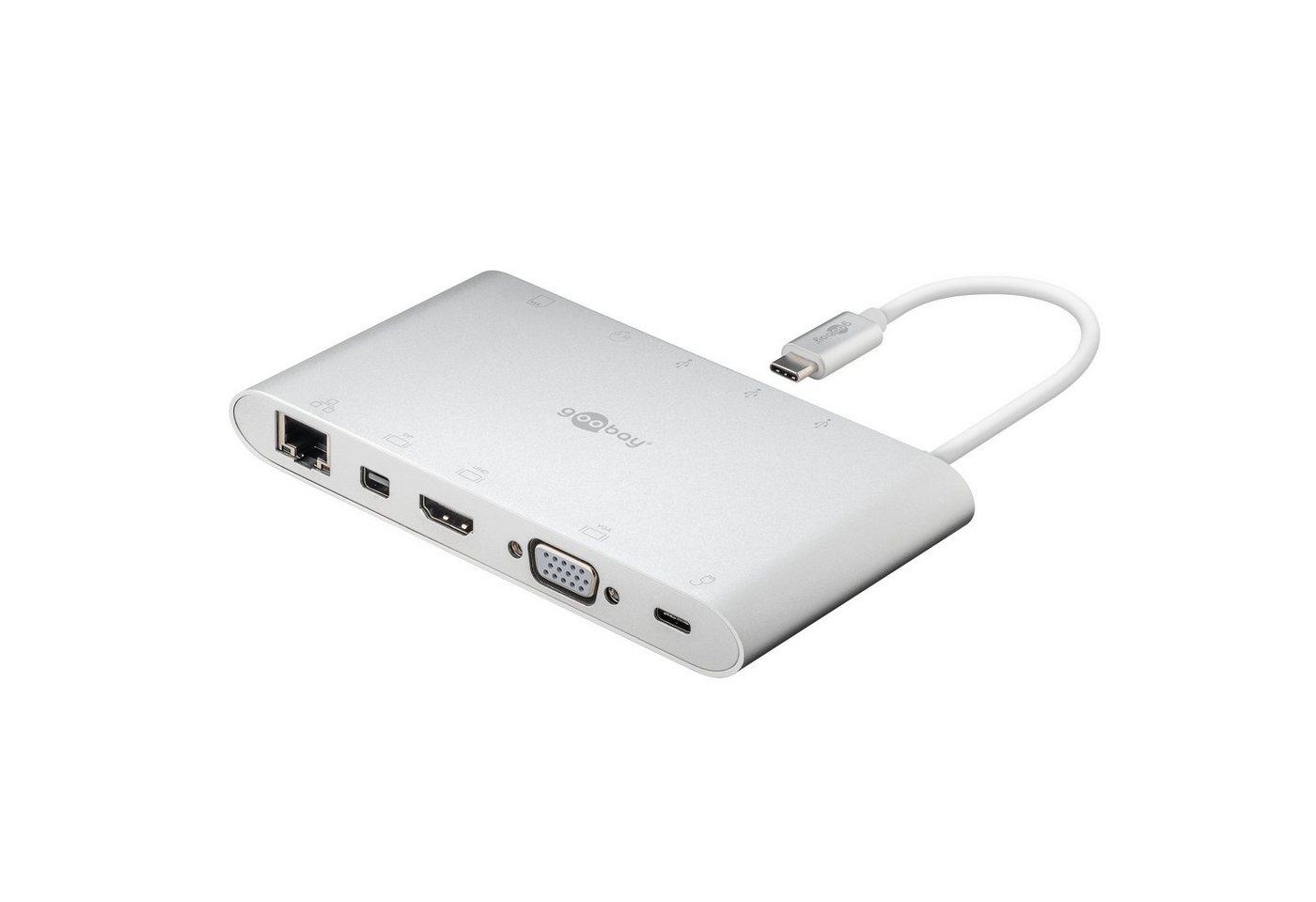 Goobay USB-Verteiler USB-C Multiport Adapter Aluminium (5 Gbit/s Übertragungsrate, 4K @ 30 Hz), HDMI / VGA / mini DP / USB / RJ45 / Kartenleser / 3,5 mm Audio von Goobay