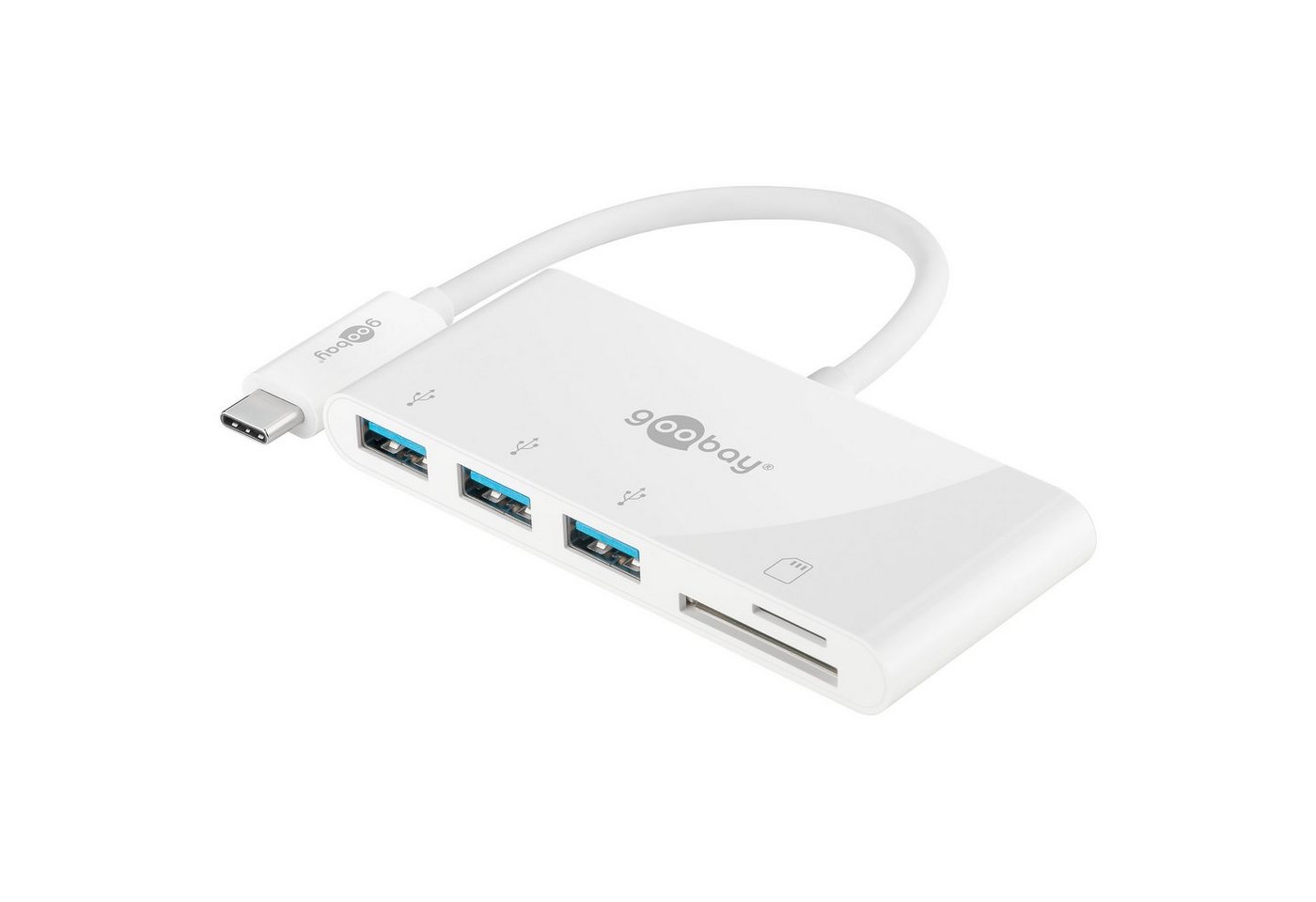 Goobay USB-Verteiler USB-C Multiport Adapter USB Typ A und SD Card Reader (USB 3.0, Weiß), 3x USB Buchsen / 1x SD Kartenleser / 1x microSD Kartenleser von Goobay