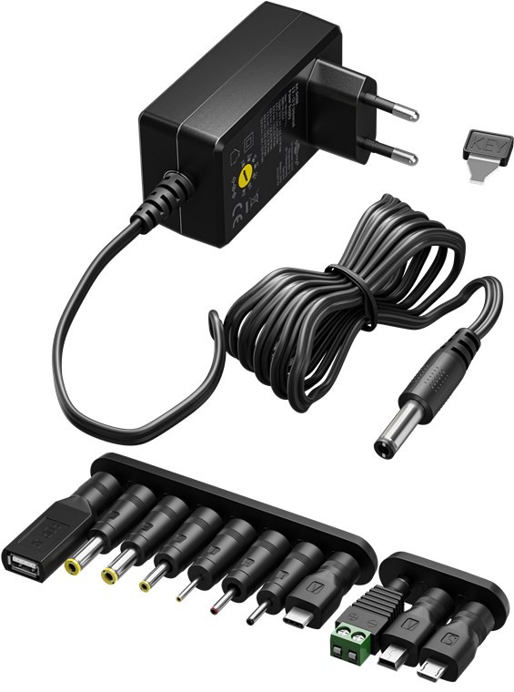 Goobay Universal-Netzteil (3 V - 12 V, max. 27 W / 2,25 A) - inkl. 11 Adapter: 7 DC-Adapter plus USB-C™, USB-A, USB Mini-B, Micro-USB und Schraubklemmenanschluss von Goobay
