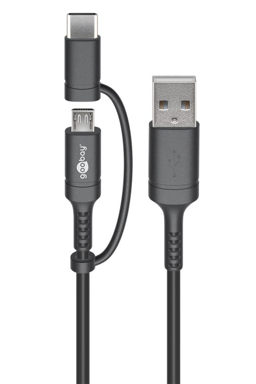 Lade- und Synchronisations Kombikabel (mit USB A auf Micro-USB & USB-C) mit Micro-B und USB-C Stecker von Goobay