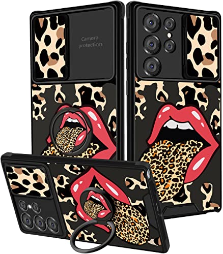Goocrux (2-in-1) Schutzhülle für Samsung Galaxy S22 Ultra, Leopardenmuster, rote Lippe, für Damen und Mädchen, luxuriöse Handyhülle, niedliches Geparden-Design, Schwarz,Braun von Goocrux