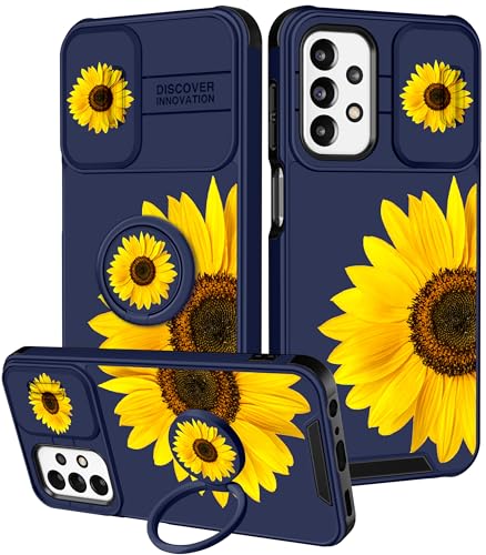 Goocrux (2-in-1 Schutzhülle für Samsung Galaxy A23 5G, Sonnenblume, niedliches Mädchen, Handyhülle, Blumenmuster, hübsches einzigartiges blaues Sonnenblumen-Design mit Schiebe-Kamera-Abdeckung + von Goocrux