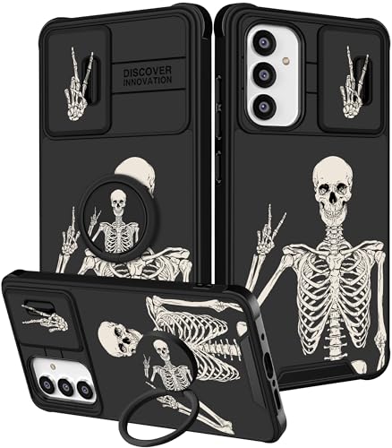 Goocrux (2-in-1 Schutzhülle für Samsung Galaxy A54 5G, Totenkopf-Skelett für Frauen, niedliches Handyhülle, Jungen, lustig, Gothic, gruselig, schwarzes Design mit Schiebe-Kamera-Abdeckung + von Goocrux