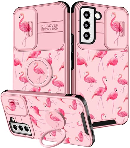 Goocrux (2-in-1 Schutzhülle für Samsung Galaxy S21 FE 5G, für Frauen und Mädchen, niedliches Flamingo, hübsches Kind, Handyhülle, Cartoon-Design, mit Schiebe-Kamera-Abdeckung + Ringhalter, modische von Goocrux