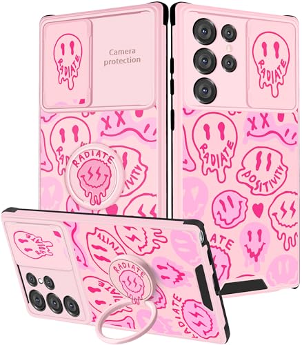 Goocrux (2-in-1 Schutzhülle für Samsung Galaxy S22 Ultra, Smiley-Gesicht, mit Schiebe-Kamera-Abdeckung + Ringhalter, einzigartige rosa Teen-Hüllen für Galaxy S22 Ultra 17.7 cm (6.8 Zoll) von Goocrux