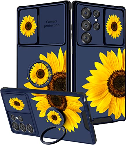 Goocrux (2-in-1 Schutzhülle für Samsung Galaxy S22 Ultra, Sonnenblumen-Blumenmuster, für Frauen, Mädchen, Mädchen, Handyhülle, niedliches Blumen-Design mit Schiebe-Kamera-Abdeckung + Ringhalter, von Goocrux