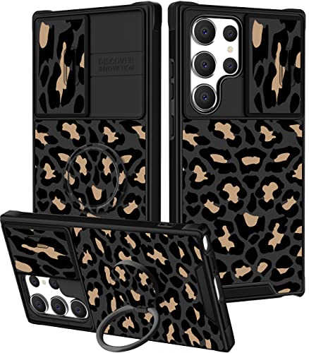 Goocrux (2-in-1 Schutzhülle für Samsung Galaxy S23 Ultra, Leopardenmuster, Gepardenmuster, niedliches Mädchen-Telefonhülle, Tier-Design mit Schiebe-Kamera-Abdeckung + Ringhalter, Schwarze Hüllen für von Goocrux
