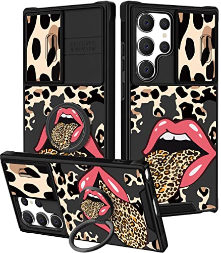 Goocrux (2-in-1 Schutzhülle für Samsung Galaxy S23 Ultra, Leopardenmuster, für Damen und Mädchen, niedliches Geparden-Design, mit Schiebe-Kamera-Abdeckung + Ringhalter, rote Lippen-Hüllen für Samsung von Goocrux