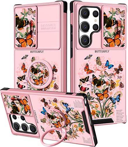 Goocrux (2-in-1 Schutzhülle für Samsung Galaxy S23 Ultra, Schmetterling für Frauen und Mädchen, rosa Handyhülle, mit Schiebekamera-Abdeckung + Ringhalterung, hübsche Hüllen für S23 Ultra 5G 6.8 Zoll von Goocrux