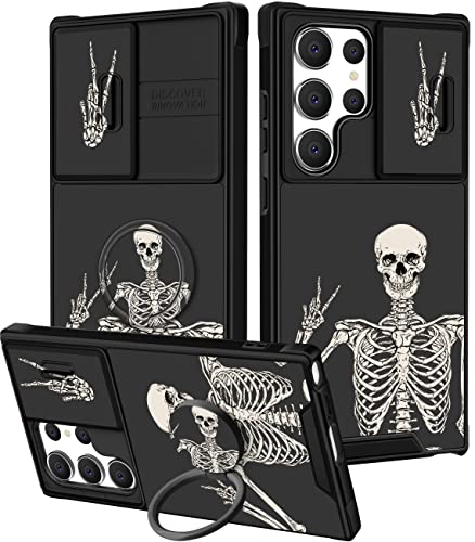 Goocrux (2-in-1 Schutzhülle für Samsung Galaxy S23 Ultra, Skelett-Totenkopf für Frauen und Mädchen, niedliches Gothic-Design, mit Schiebe-Kamera-Abdeckung + Ring, lustig, gruselig, schwarz, für S23 von Goocrux