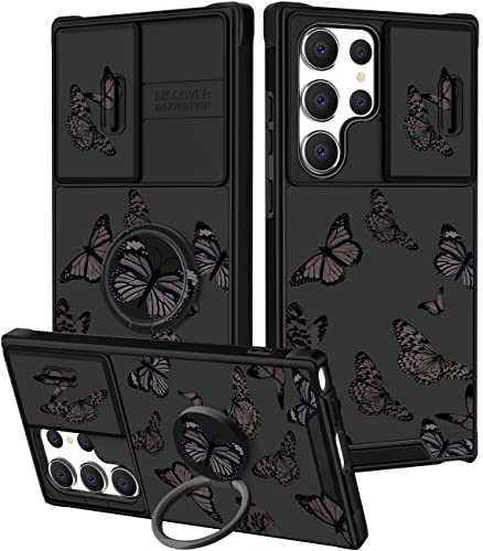 Goocrux (2-in-1 Schutzhülle für Samsung Galaxy S23 Ultra, schwarzer Schmetterling für Frauen und Mädchen, Handyhülle, niedliches Schmetterling-Design, mit Schiebe-Kamera-Abdeckung + Ringhalter, von Goocrux