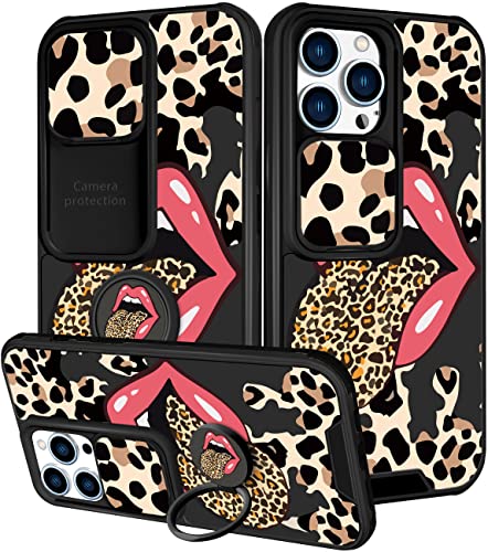 Goocrux (2-in-1 Schutzhülle für iPhone 13 Pro Max, Leopardenmuster, rote Lippe, für Damen und Mädchen, luxuriöse Handyhülle, niedliches Geparden-Druck-Design mit Schiebe-Kamera-Abdeckung + Ringhalter, von Goocrux