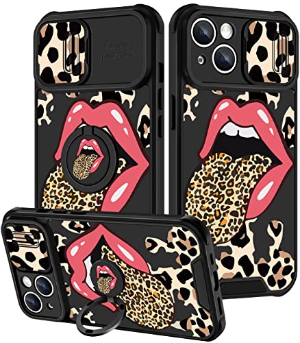 Goocrux (2-in-1 Schutzhülle für iPhone 14, Leopardenmuster für Frauen und Mädchen, Handyhülle, mit Schiebe-Kamera-Abdeckung + Ringhalter, coole rote Lippen-Hüllen für iPhone 14 15.5 cm (6.1 Zoll) von Goocrux