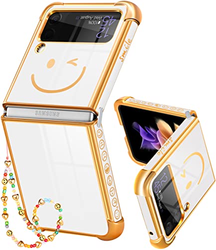 Goocrux (2-in-1 für Samsung Galaxy Z Flip 3 Hülle niedlich für Frauen Mädchen Mädchen hübsche Handyhüllen Weiß und Gold Einzigartiges Design Ästhetische Luxus Beschichtung Abdeckung + Kette für Z Flip von Goocrux