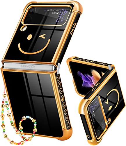 Goocrux (2-in-1 für Samsung Galaxy Z Flip 4 Hülle, niedliches Smiley-Gesicht für Frauen Mädchen, hübsche Handyhüllen, schwarz und goldfarben, luxuriöse Beschichtung, Kette für Z Flip 4 5G 6.7 Zoll von Goocrux