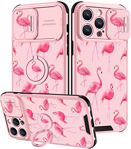 Goocrux (2-in-1 für iPhone 14 Pro Max Hülle Flamingo für Frauen Mädchen Niedliche Mädchen-Telefonabdeckung Flamingos Vögel Design mit Schiebe-Kamera-Abdeckung + Ringhalter Ästhetische Hüllen für von Goocrux